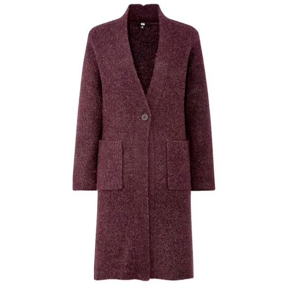 UNIQLO Woven Tweed Knitted Coat in Wine - Picture 1 of 8